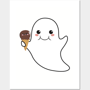 Cute kawaii halloween ghost with an ice-cream cone Posters and Art